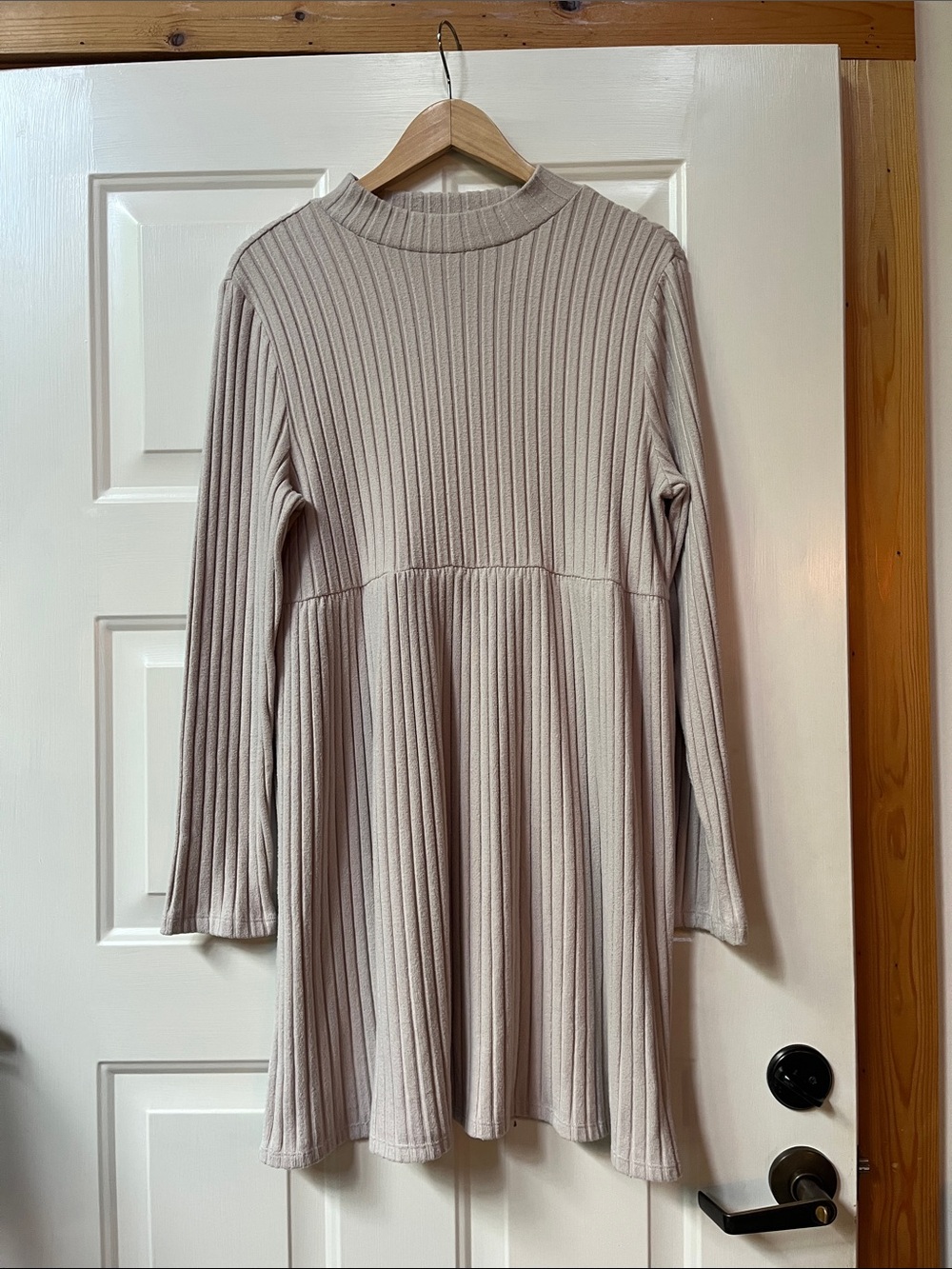 SO Ribbed Long Sleeve Swing Dress in Light Beige